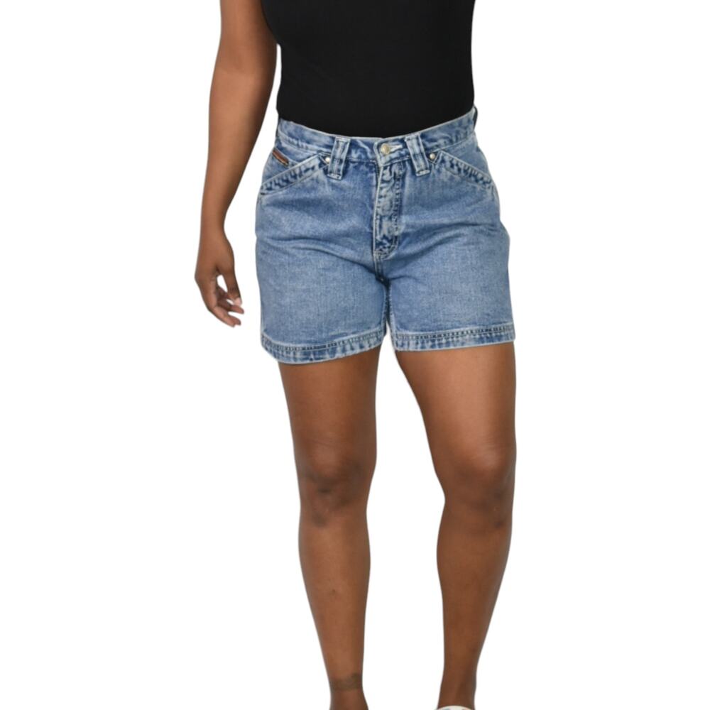 Vintage No Excuses Jean Short Blue Cargo Pocket Thigh Length Cotton Rigid Size 8